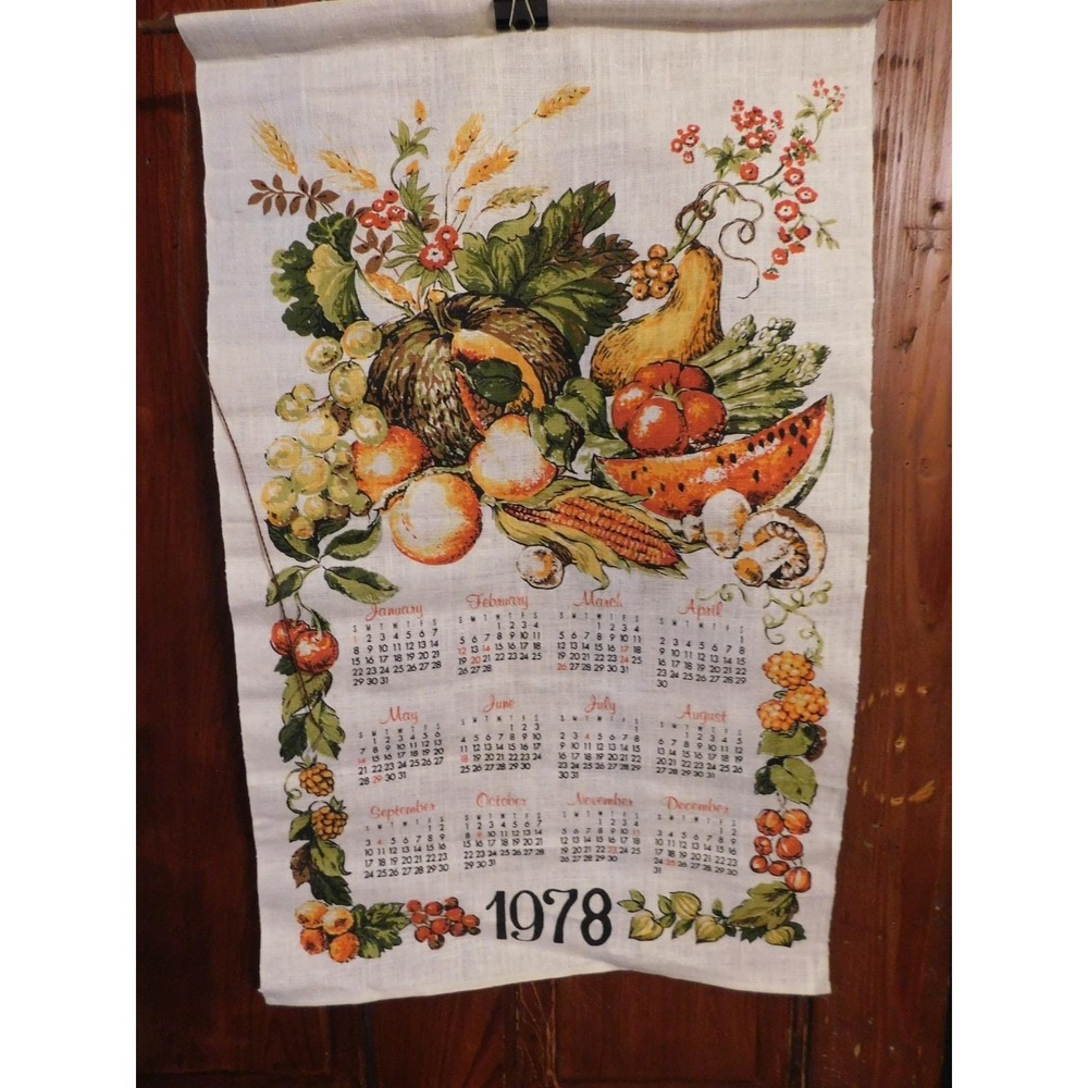 Vintage 1978 Linen Calendar Tea Towel Fruits & Vegetables